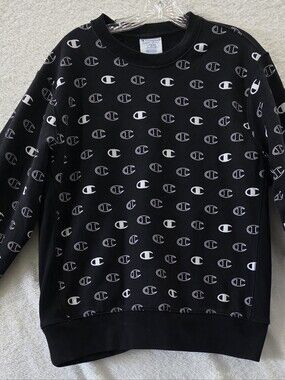 Champion Reverse Weave Sweatshirt Mens L Pullover Black All Over Print Logo